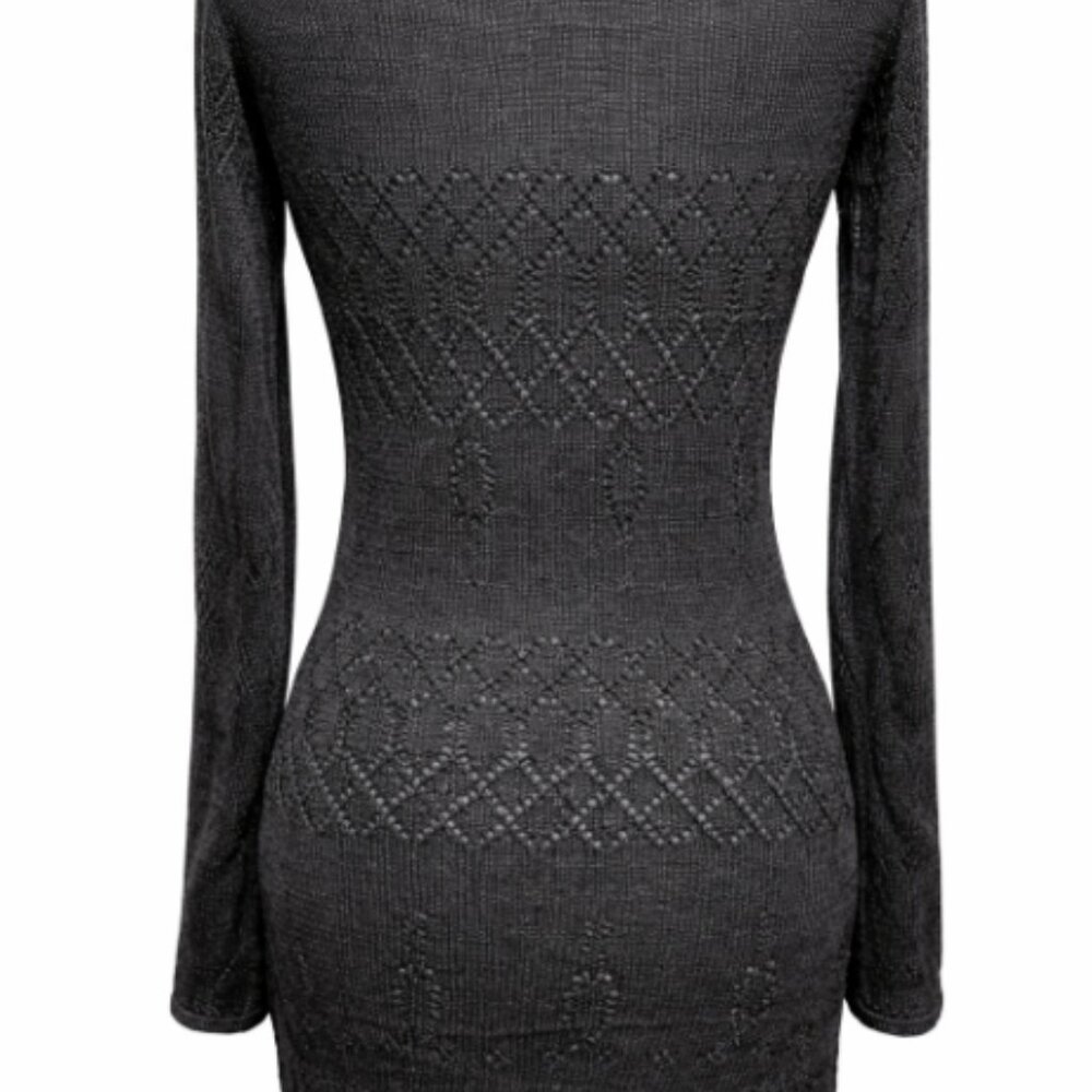 Black Sheer Knit Long Sleeve Tunic Dress | Lace Detail | Bodycon - Picture 3 of 3